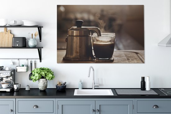 Une petite cafetière avec deux tasses de café en toile 140x90 cm - Tirage photo sur toile (Décoration murale salon / chambre)