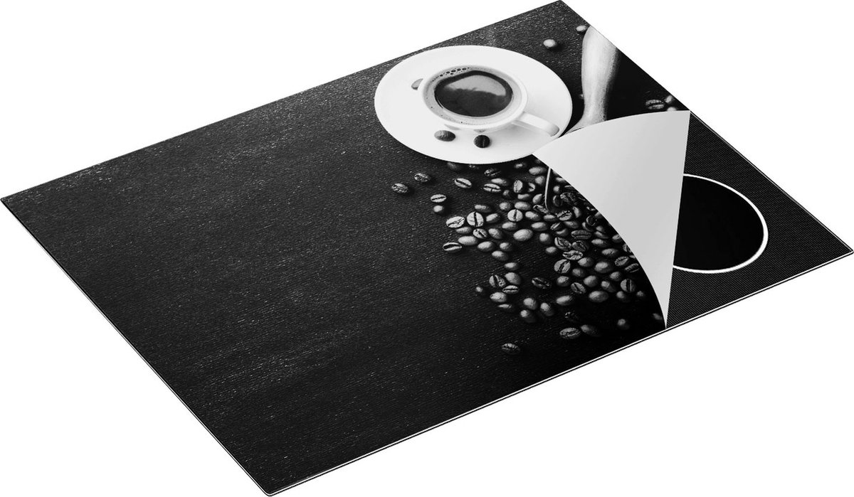 Chefcare Inductie Beschermer Kopje Koffie met Koffiebonen - Zwart Wit - 71x52 cm - Afdekplaat Inductie - Kookplaat Beschermer - Inductie Mat
