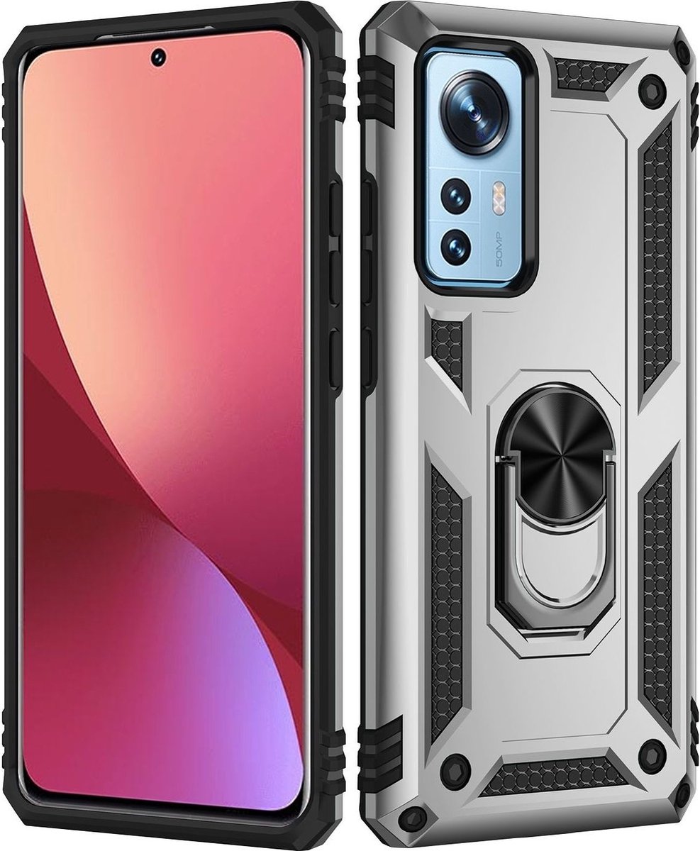 Geschikt voor Xiaomi Redmi 12X Ring Hoesje Armor Anti-shock Backcover Zilver - Geschikt voor Xiaomi Redmi 12X - Redmi 12X Backcover kickstand Ring houder cover TPU backcover oTronica