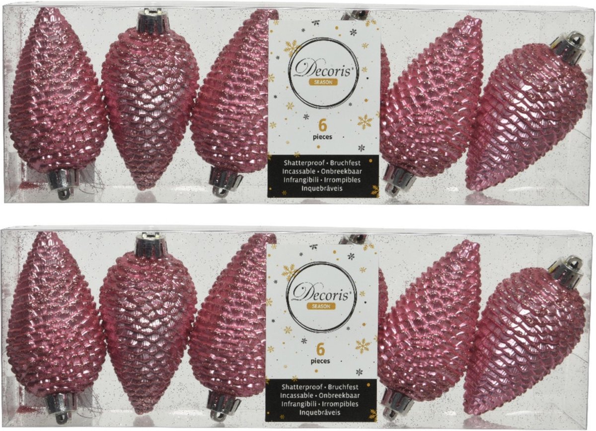 Set van 12 glitter dennenappel kerstballen in lippenstift roze, 8 cm - Kerstversiering.