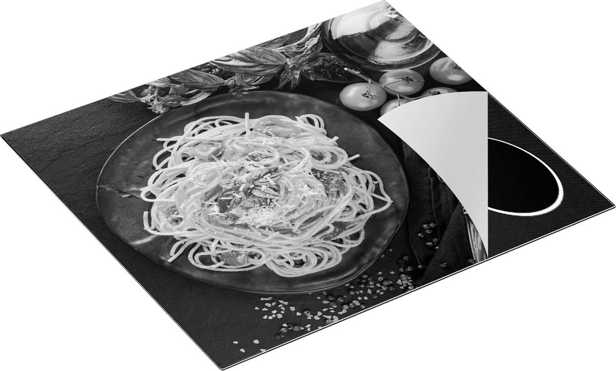 Chefcare Inductie Beschermer Bord met Spaghetti op een Zwarte Marmeren Plaat - Zwart Wit - 58,3x51,3 cm - Afdekplaat Inductie - Kookplaat Beschermer - Inductie Mat