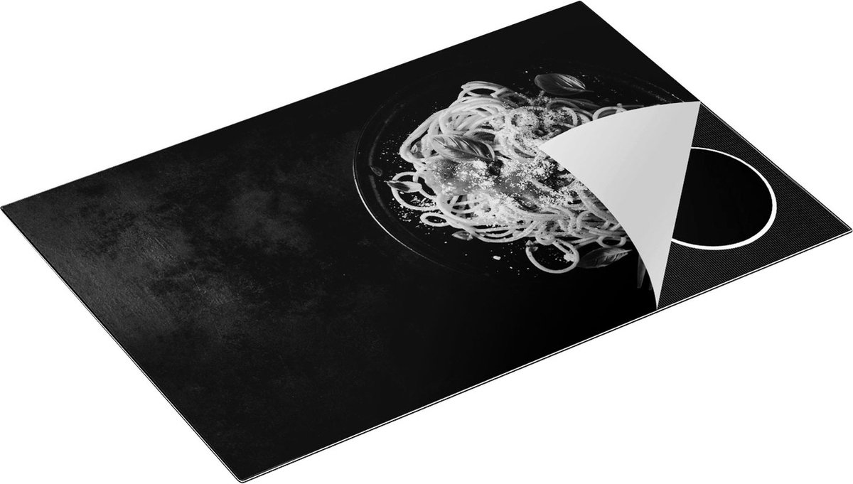 Chefcare Inductie Beschermer Bord Italiaanse Spaghetti op een Marmeren Plaat - Zwart Wit - 80x52 cm - Afdekplaat Inductie - Kookplaat Beschermer - Inductie Mat