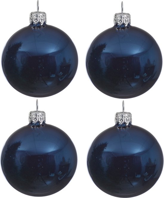 4x Donkerblauwe glazen kerstballen 10 cm - Glans/glanzende - Kerstboomversiering donkerblauw