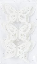 6x stuks decoratie vlinders op clip glitter wit 14 cm - Bruiloftversiering/kerstversiering decoratievlinders