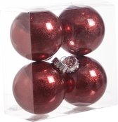 4x stuks kunststof kerstballen met glitter afwerking rood 8 cm - glitter finish - Kerstversiering/boomversiering