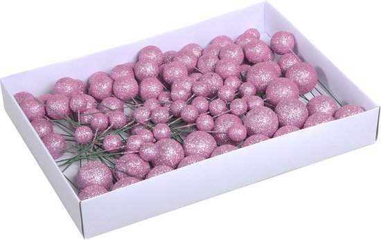 100x Roze glitter mini kerstballen stekers kunststof 2, 3 en 4 cm - Kerststukje maken onderdelen