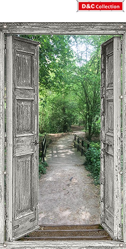 D&C Collection - tuinposter - 170x95 cm - doorkijk - Openslaande deuren tuinpoort - bospad met houten brug - tuindoek - balkon poster - poort poster
