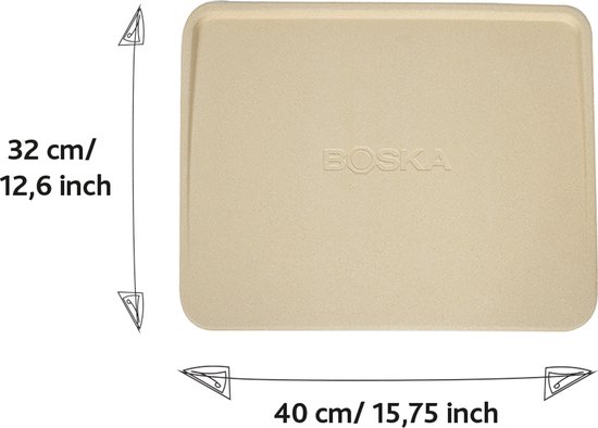 Beige rechthoekige pizzasteen, met afmetingen 40 cm bij 32 cm.