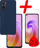 Hoes Geschikt voor OPPO A96 Hoesje Siliconen Back Cover Case Met 2x Screenprotector - Hoesje Geschikt voor OPPO A96 Hoes Cover Hoesje - Donkerblauw