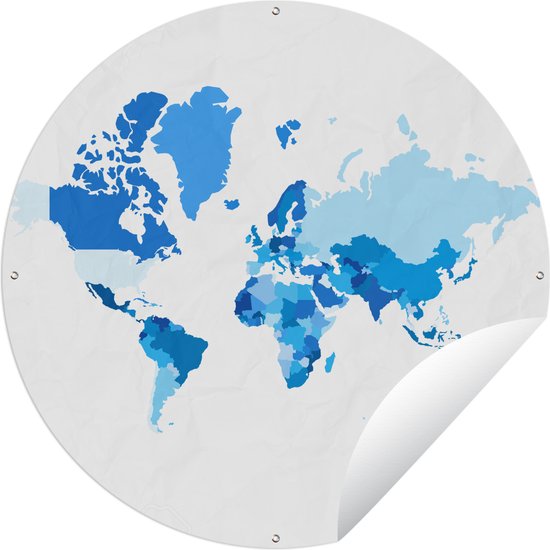Tuincirkel Wereldkaart - Blauw - Wit - 60x60 cm - Ronde Tuinposter - Buiten