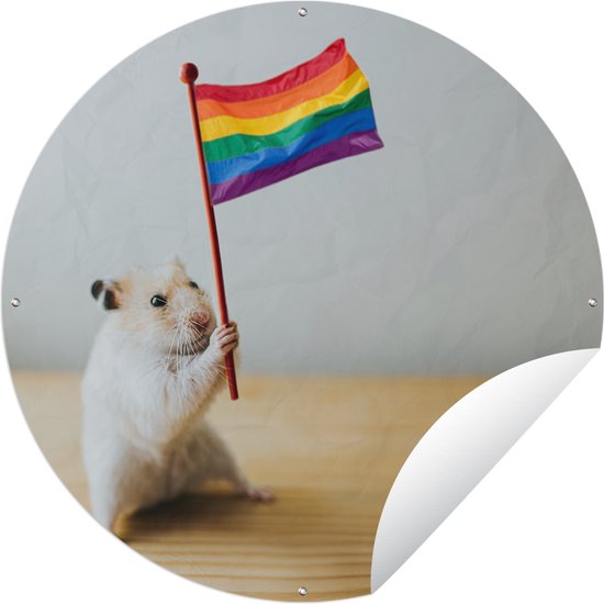 Tuincirkel Hamster met een regenboog vlag - 120x120 cm - Ronde Tuinposter - Buiten XXL / Groot formaat!