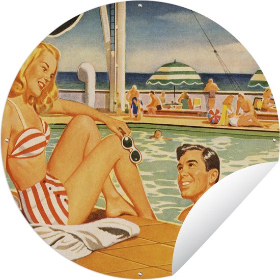 Tuincirkel Een illustratie van een man die naar een dame toe is gezwommen - 60x60 cm - Ronde Tuinposter - Buiten