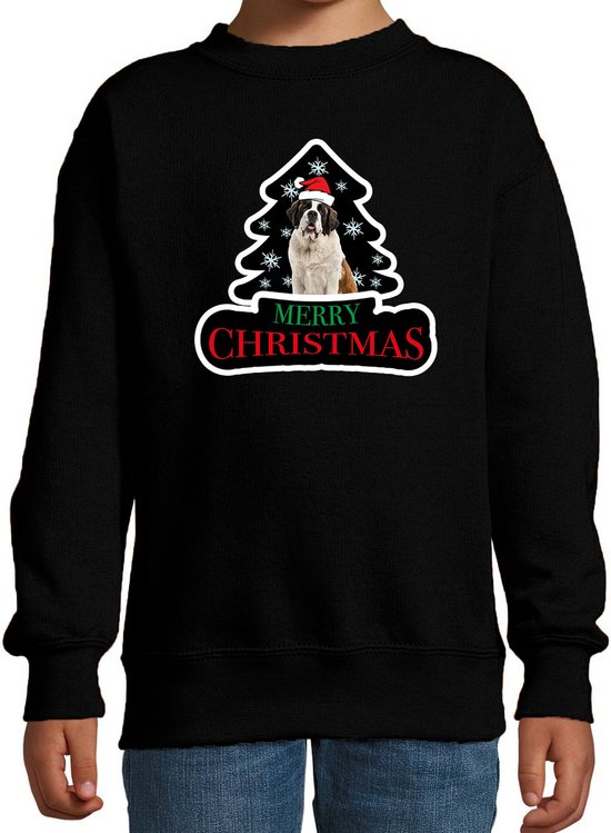 Dieren kersttrui sint bernard - zwart - kinderen - Honden kerstsweater - Kerst outfit dieren liefhebber 134/146
