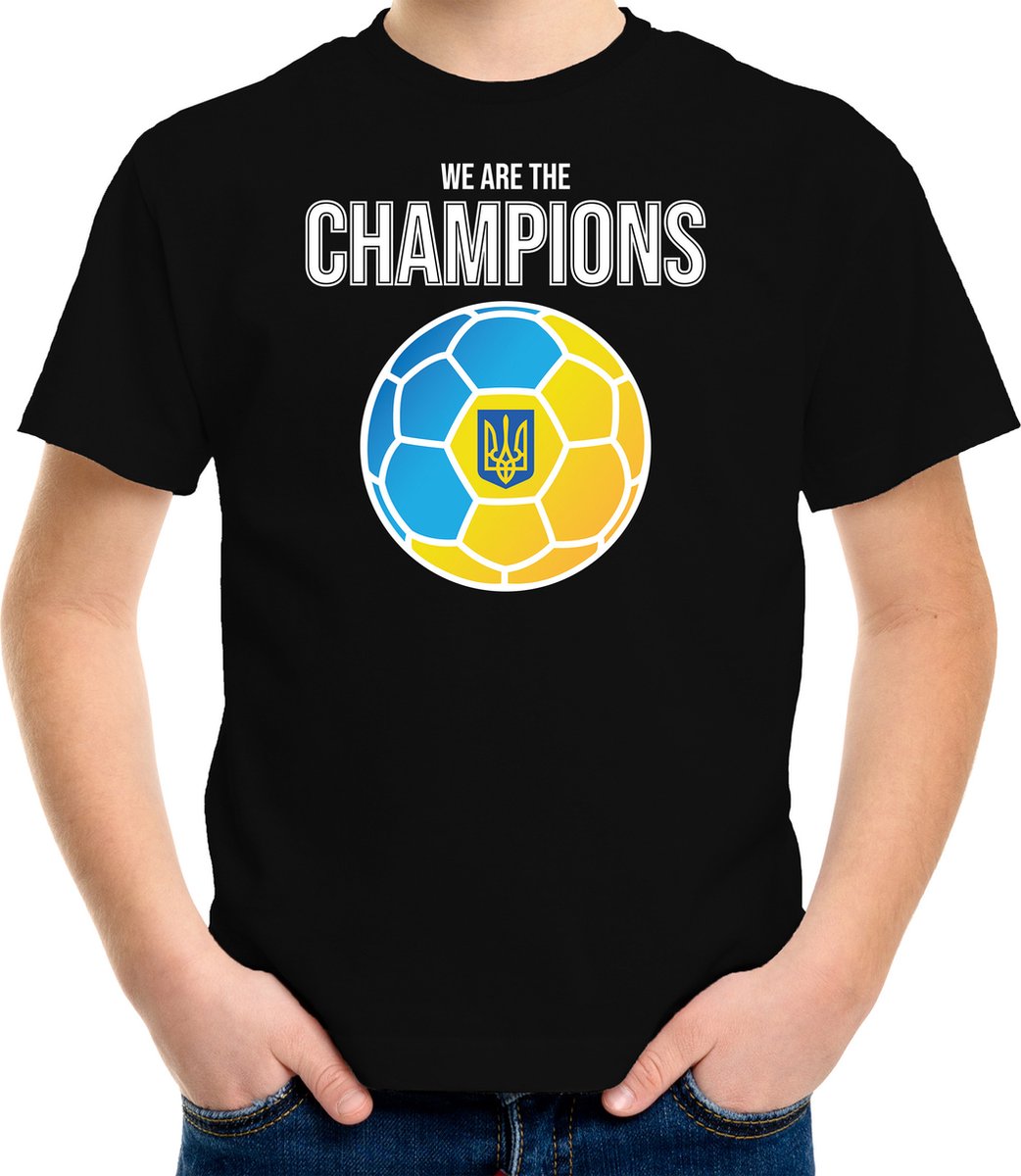 Oekraine EK/ WK supporter t-shirt - we are the champions met Oekrainse voetbal - zwart - kinderen - kleding / shirt 158/164