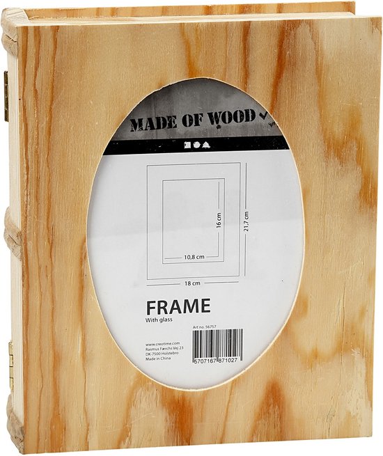 Cadre photo en bois en forme de livre, debout, avec une ouverture ovale.