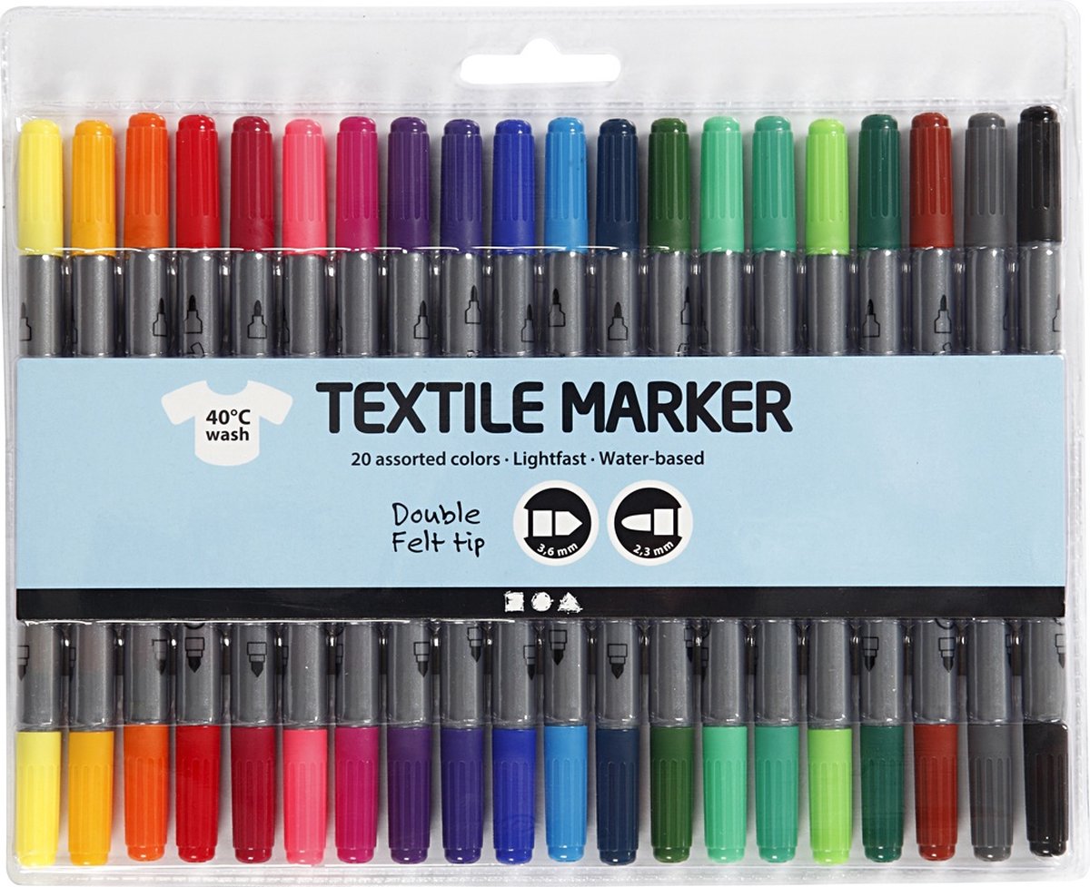 Creativ Company Textielstiften - Stiftenset met 20 kleuren met dubbele punten - Creativ company