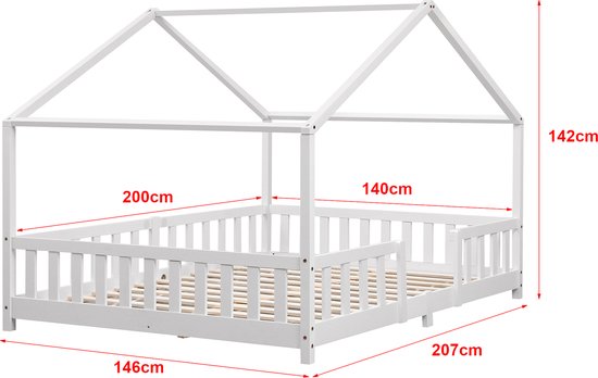 Dimensions d'un lit maison blanc avec barreaux et cadre de toit. 200x140cm.