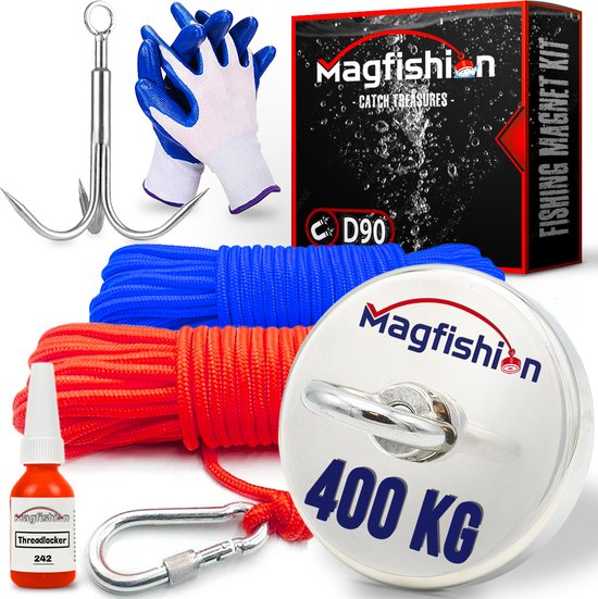 Magfishion Magneetvissen MEGA Set - 400 KG - Vismagneet - 2x Touw + Karabijnhaak met Schroefsluiting - Dreghaak - Handschoenen - Borgmiddel - Magneet Vissen - Outdoor - Trekkracht 400 kg | Mega set XL