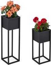 Relaxdays plantenbak staand - set van 2 - bloembak op voet - plantenstandaard zwart metaal