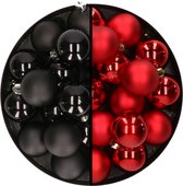 32x stuks kunststof kerstballen mix van zwart en rood 4 cm - Kerstversiering
