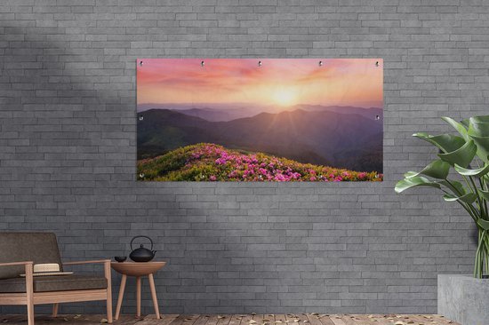 Poster de Jardin Fleurs - Berg - Coucher de soleil - Paysage - 200x200 cm - Toile de jardin
