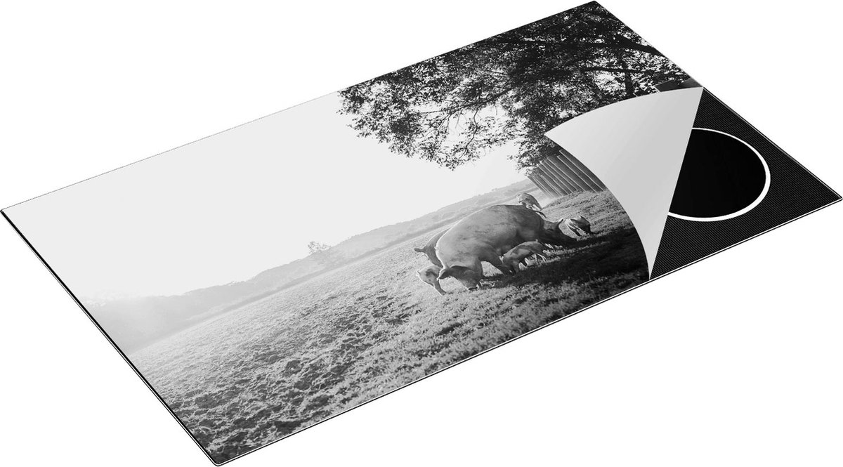 Chefcare Inductie Beschermer Varken Familie - Varkens - Zwart Wit - 90x55 cm - Afdekplaat Inductie - Kookplaat Beschermer - Inductie Mat