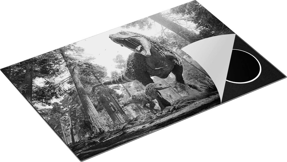 Chefcare Inductie Beschermer Tyrannosaurus Rex Dinosaurus - T-Rex - Zwart Wit - 78x52 cm - Afdekplaat Inductie - Kookplaat Beschermer - Inductie Mat
