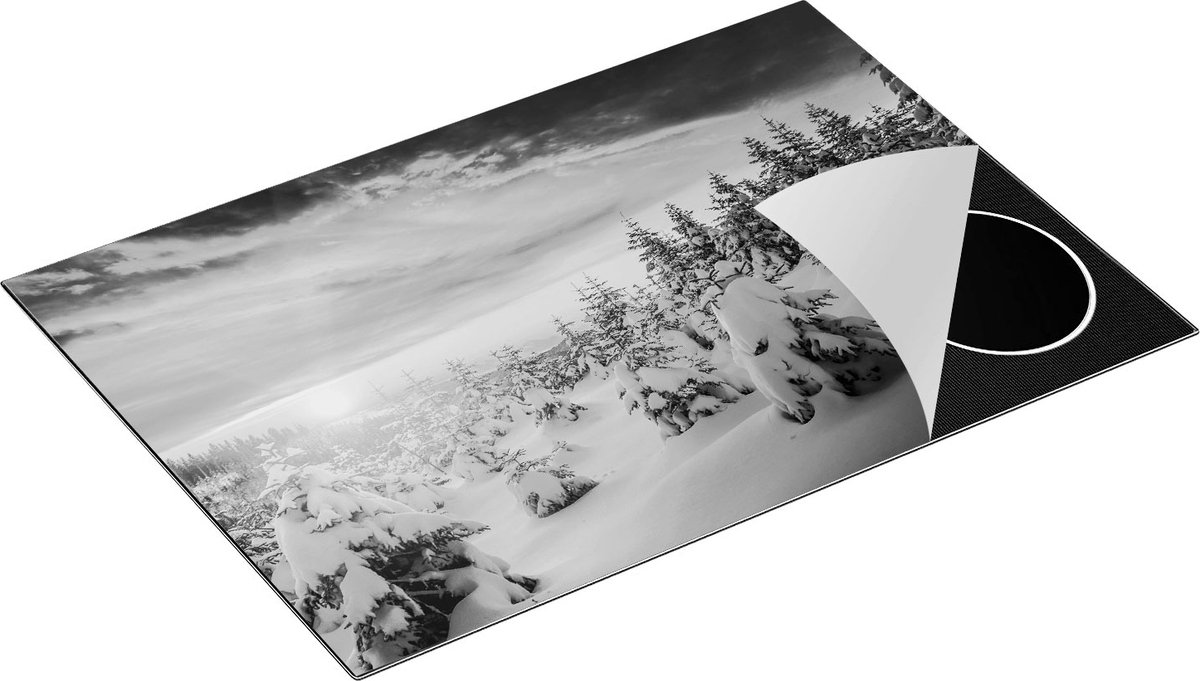 Chefcare Inductie Beschermer Zonsondergang in het Sneeuw Bos - Zwart Wit - 76x51,5 cm - Afdekplaat Inductie - Kookplaat Beschermer - Inductie Mat