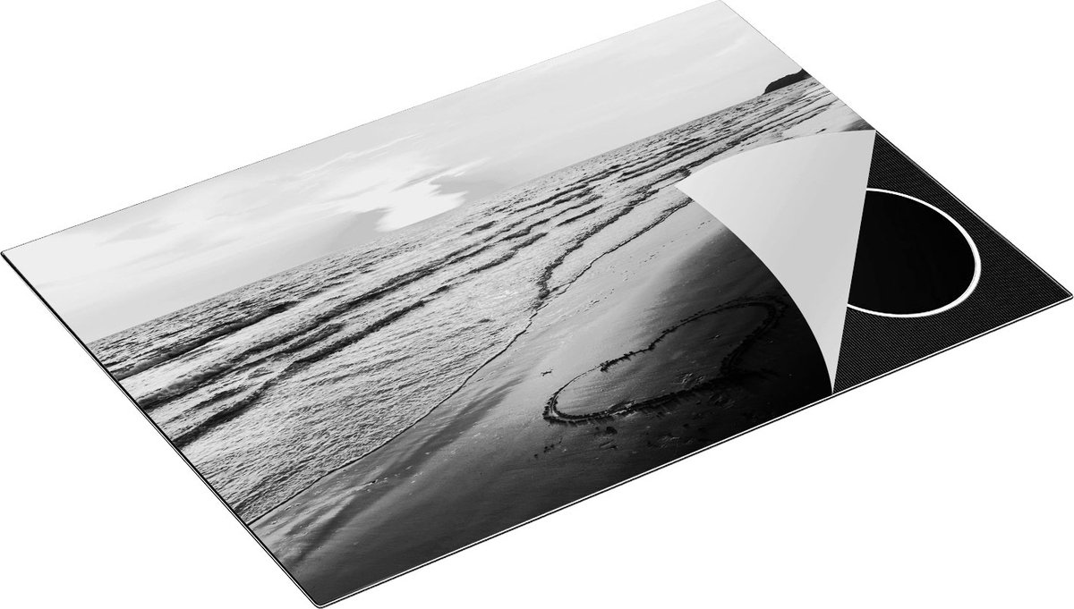 Chefcare Inductie Beschermer Zonsondergang op het Strand met een Hartje - Zwart Wit - 75x50 cm - Afdekplaat Inductie - Kookplaat Beschermer - Inductie Mat