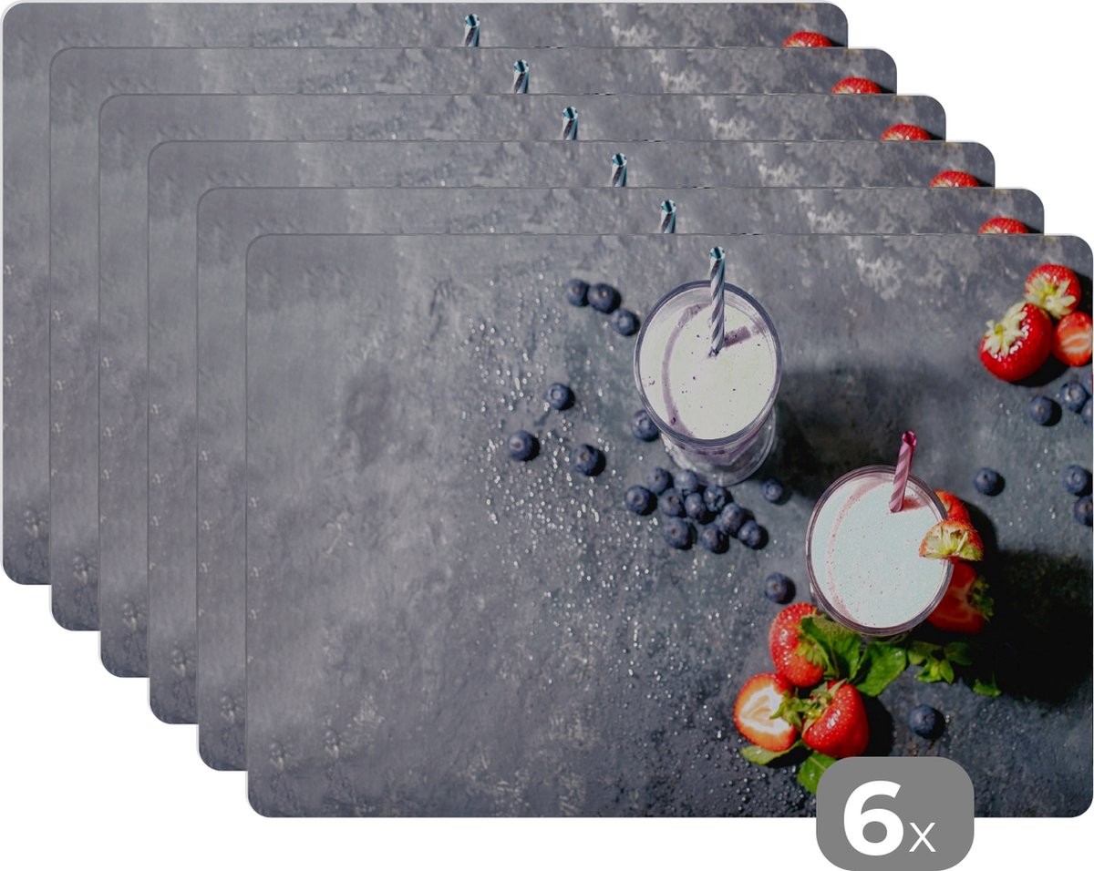 Placemat - Placemats kunststof - Smoothie - Fruit - Aardbei - Bes - Marmer - 45x30 cm - 6 stuks - Hittebestendig - Anti-Slip - Onderlegger - Afneembaar
