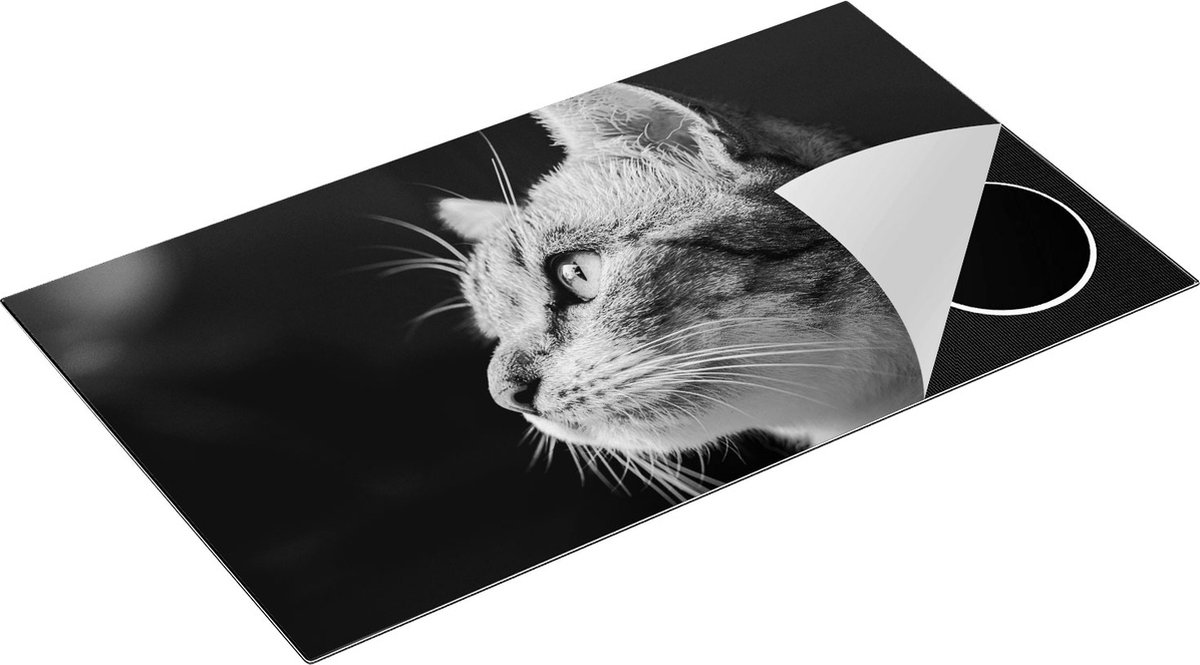 Chefcare Inductie Beschermer Kat met Gele Ogen van Dichtbij - Zwart Wit - 89,6x51,6 cm - Afdekplaat Inductie - Kookplaat Beschermer - Inductie Mat