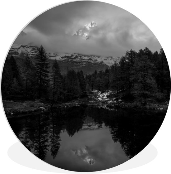 WallCircle - Wandcirkel ⌀ 60 - Matterhorn achter nevel in Zwitserland - zwart wit - Ronde schilderijen woonkamer - Wandbord rond - Muurdecoratie cirkel - Kamer decoratie binnen - Wanddecoratie muurcirkel - Woonaccessoires