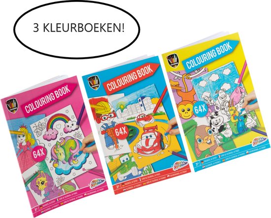 Grafix 3X kleurboek - Thema's Unicorn, Auto's & Dieren | A4 - 64 pagina's per boek - Kleuren - Meisjes - Kleurboek - Kinderen - Cadeau - Boek - Geschenk - Tekeningen - Inkleuren - Kleurplaat - Colouring Book - Kleurplezier