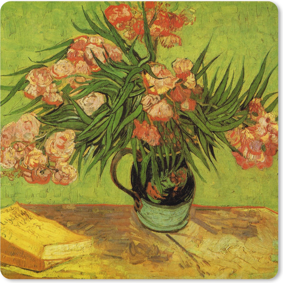 Muismat XXL 40x40 cm - Bureau onderlegger - Bureau mat Stilleven vaas met oleanders en boeken - Schilderij van Vincent van Gogh - Bureaumat - Gaming mousepad xl - Bureaulegger groot - Computer deskmat