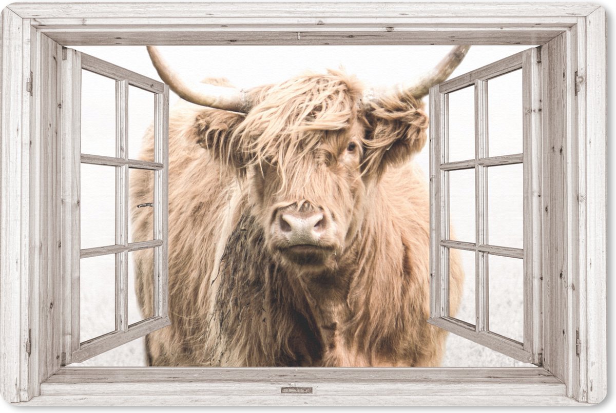 Muismat XXL 120x80 cm - Bureau onderlegger - Bureau mat Schotse hooglander - Raam - Mist - Doorkijk - Bureaumat - Gaming mousepad xl - Bureaulegger groot - Computer deskmat