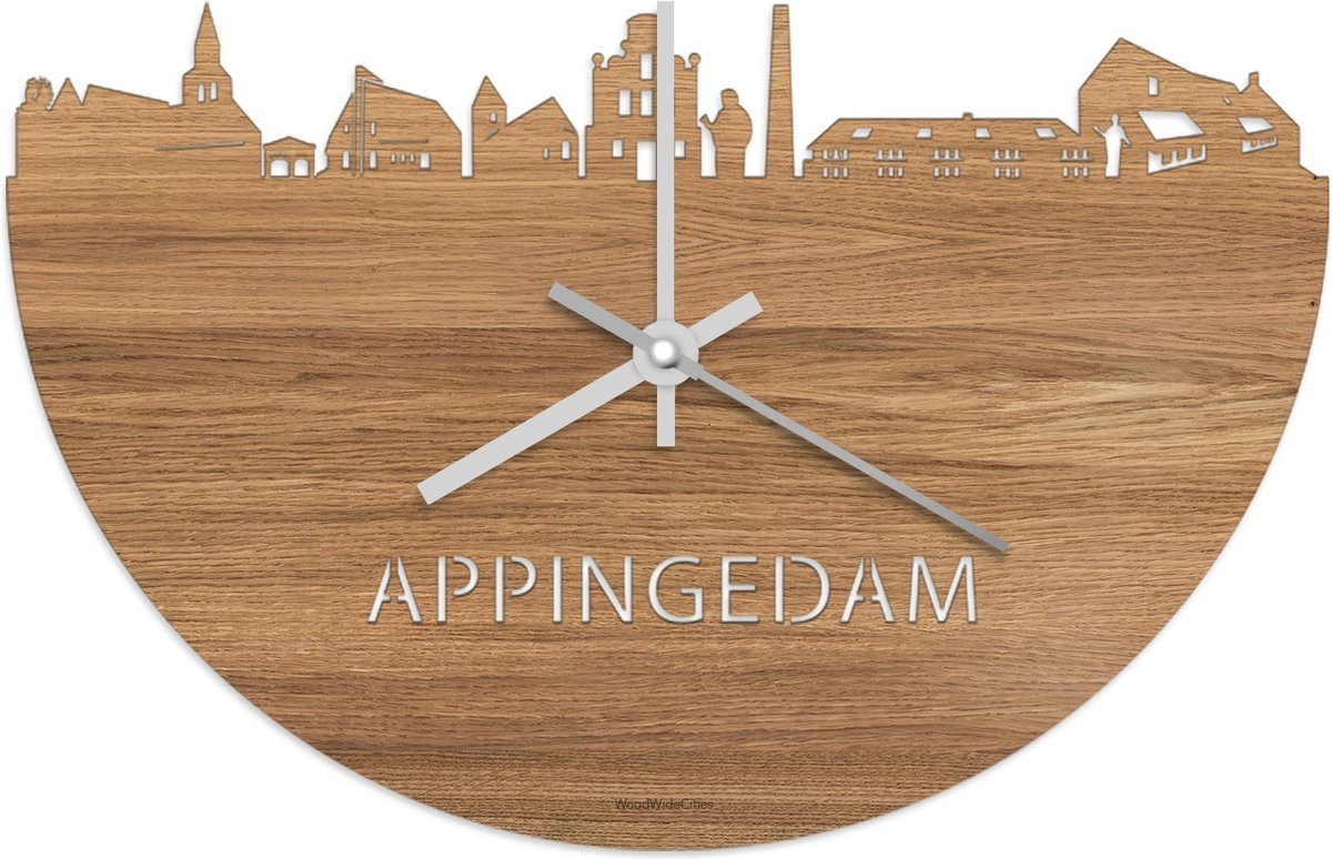 Skyline Klok Appingedam Eikenhout - Ø 40 cm - Stil uurwerk - Wanddecoratie - Meer steden beschikbaar - Woonkamer idee - Woondecoratie - City Art - Steden kunst - Cadeau voor hem - Cadeau voor haar - Jubileum - Trouwerij - Housewarming -