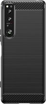 Sony Xperia 1 IV Hoesje - MobyDefend TPU Gelcase - Geborsteld Metaal + Carbonlook - Zwart - GSM Hoesje - Telefoonhoesje Geschikt Voor Sony Xperia 1 IV