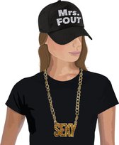 Foute party Mrs. FOUT verkleed set pet zwart/zilver voor dames met een plastic sexy ketting