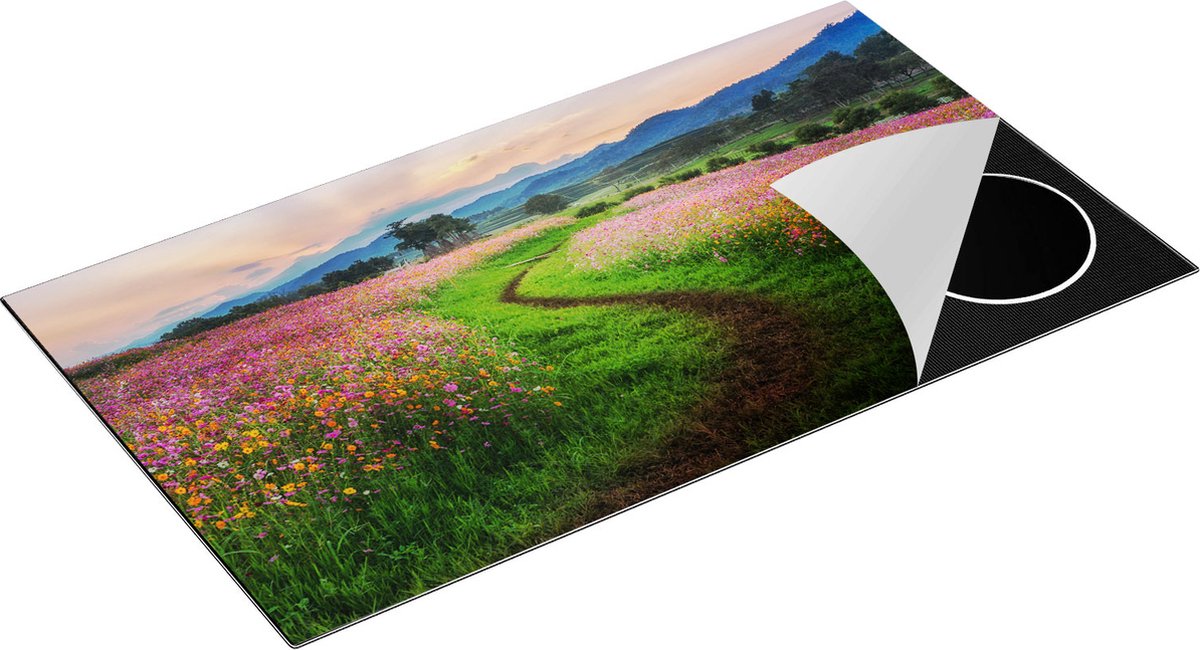 Chefcare Inductie Beschermer Kosmos Bloemenveld met een Pad - Bloemen - 95x55 cm - Afdekplaat Inductie - Kookplaat Beschermer - Inductie Mat