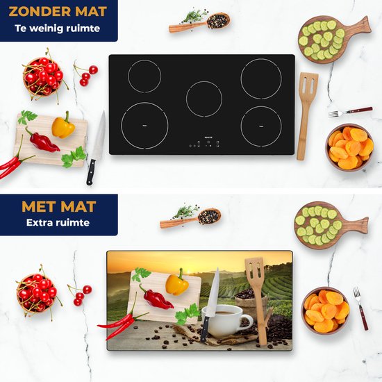Chefcare Inductie Beschermer Kopje Koffie op een Plantage Achtergrond6 - 95x50 cm - Afdekplaat Inductie - Kookplaat Beschermer - Inductie Mat