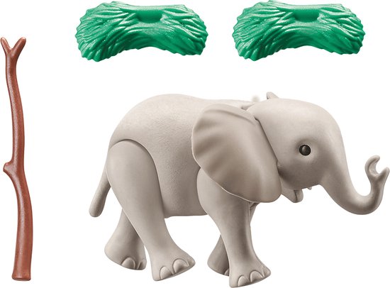 Grijze Playmobil babyolifant met bruine tak en twee groene struikjes.