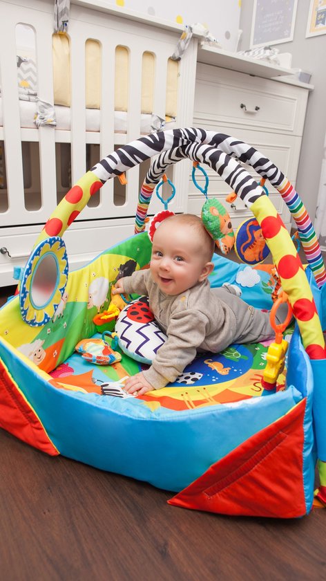 Lionelo Anika Plus 2-in-1 Babygym & Speelkleed – Met Verhoogde Randen (Boxfunctie) – Inclusief Tummy Time Kussen, Interactief Boekje & 5 Speeltjes – 115x110 cm