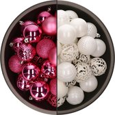 Bellatio Decorations Kerstballen mix - 74-delig - fuchsia roze en wit - 6 cm - kunststof