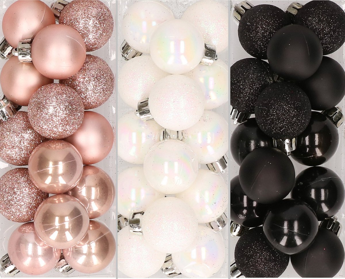 36x stuks kunststof kerstballen mix van lichtroze, parelmoer wit en zwart 6 cm - Kerstversiering