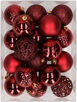 37x stuks kunststof kerstballen bordeaux rood 6 cm glans/mat/glitter mix - Kerstversiering