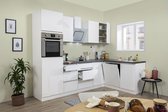 Hoekkeuken 280  cm - complete keuken met apparatuur Lorena  - Wit/Wit - soft close - keramische kookplaat - vaatwasser - afzuigkap - oven    - spoelbak