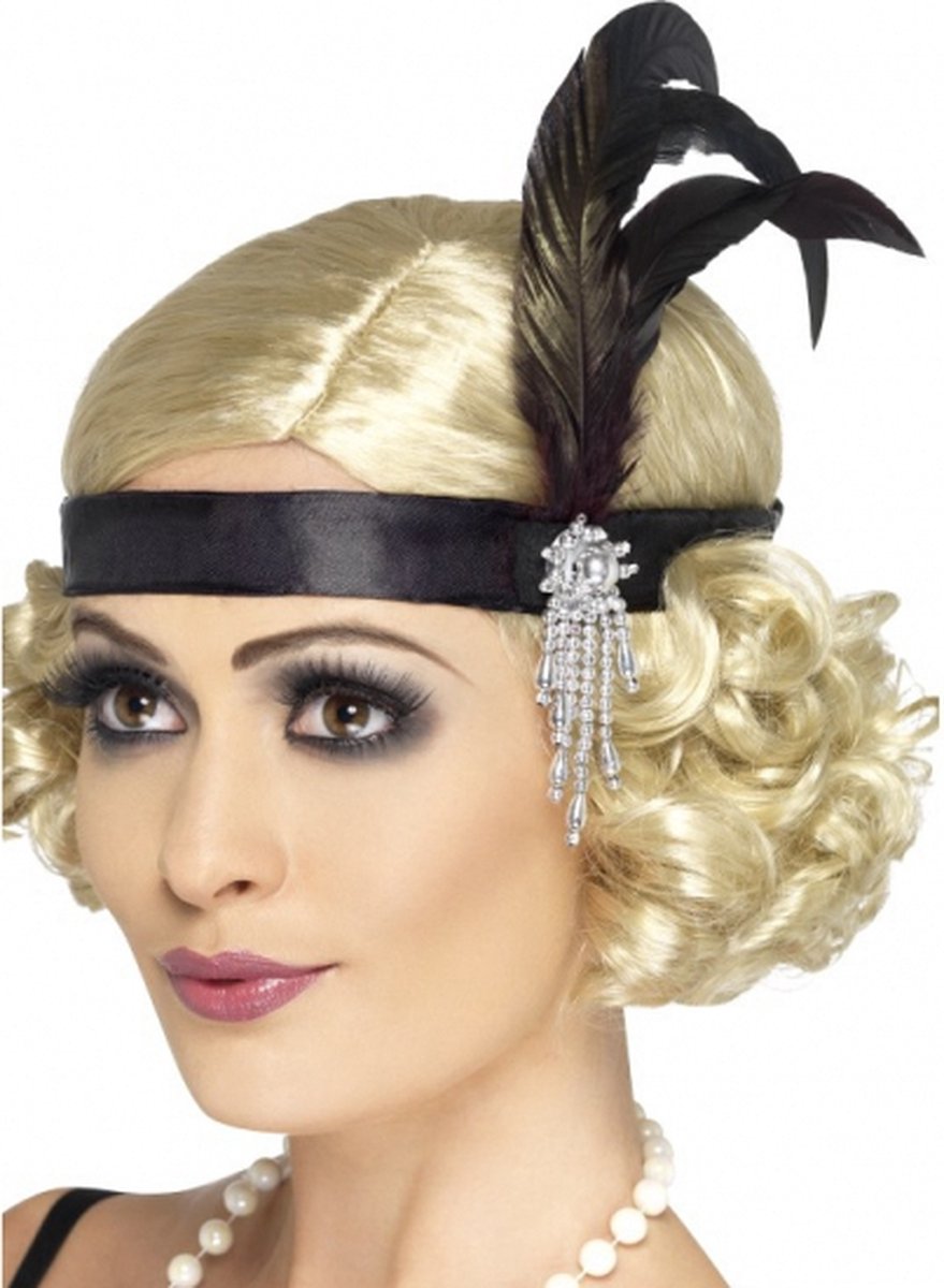 Zwarte showgirl hoofdband met veer verkleedaccessoire voor dames - Showdanseres feestartikelen - Merkloos