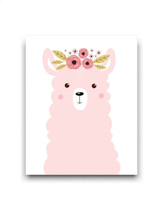 Schilderij  Alpaca met bloemetjes - roze / Dieren / Babykamer - kinderkamer / 40x30cm