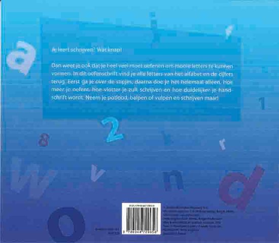 Dos de 'Mon cahier d'exercices d'écriture'. Fond bleu avec des lettres et des chiffres. Texte sur l'objectif d'apprentissage.