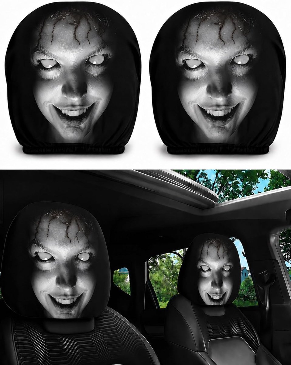 Universele Hoofdsteunhoes Auto - Set van 2 - Oofdsteunhoezen met 'Ghost Face'-opdruk - Elastische Hoes - Zacht en Passend - Wasbaar - Halloween Auto Decoratie - Zwart - SOLLBRY®